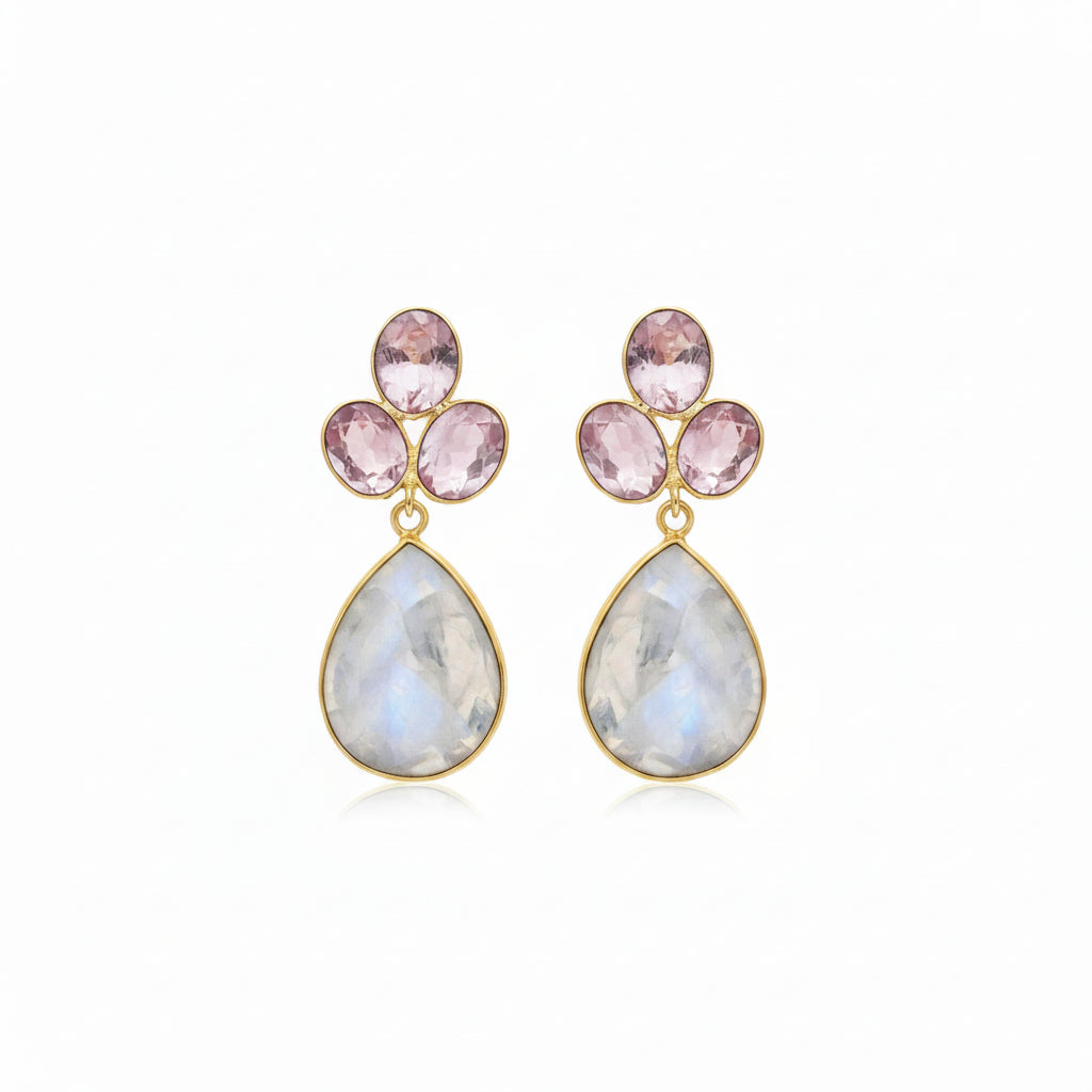 Pendientes largos con cristales en rosa y piedra natural colgante en blanco