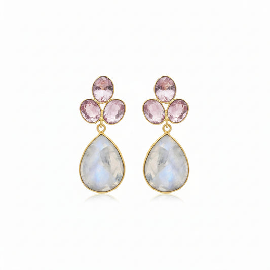 Pendientes largos con cristales en rosa y piedra natural colgante en blanco