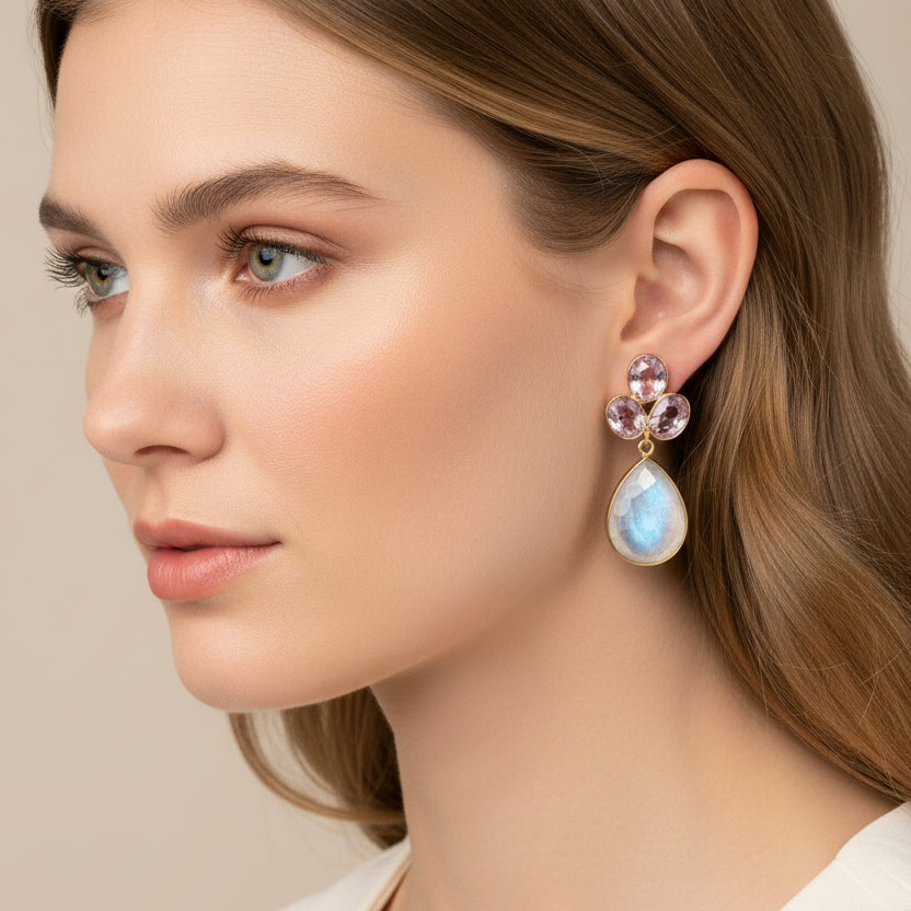 Pendientes largos con cristales en rosa y piedra natural colgante en blanco