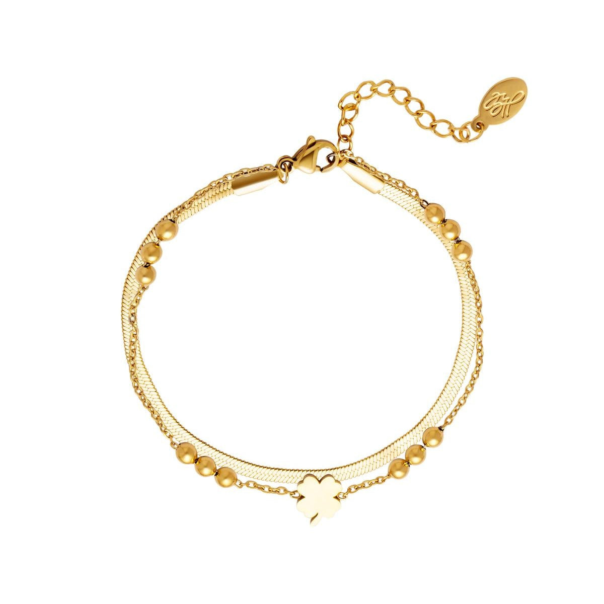 Pulsera de acero doble trébol acabado oro