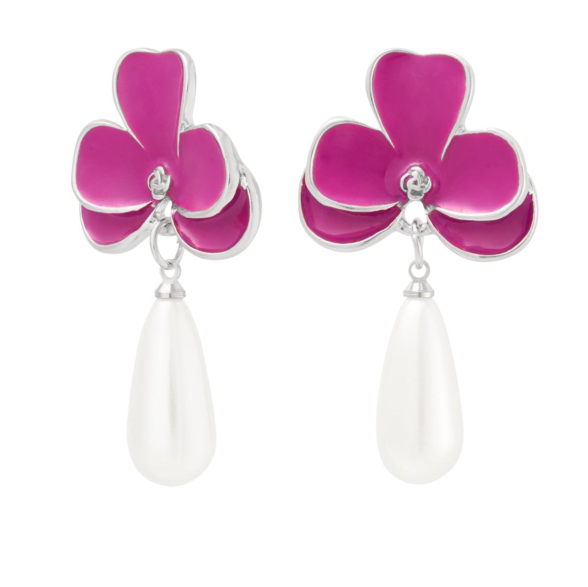 Pendientes largos flor rosa con perla acabado plata