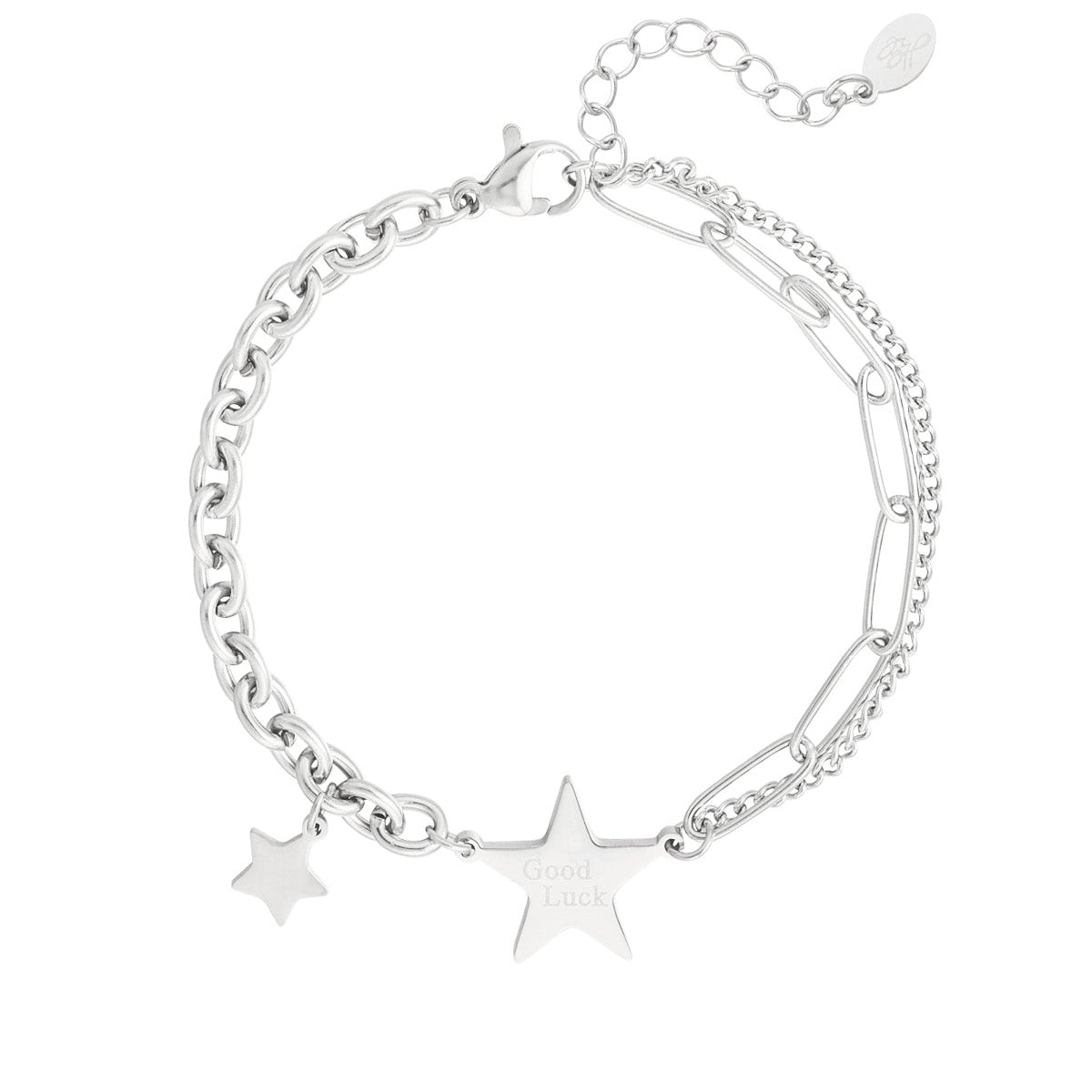 Pulsera de acero doble con estrellas y mensaje grabado "good luck" acabado plata