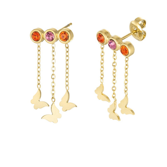 Pendientes acero brillis naranja y rosa con trío de mariposas colgantes oro - mbyou