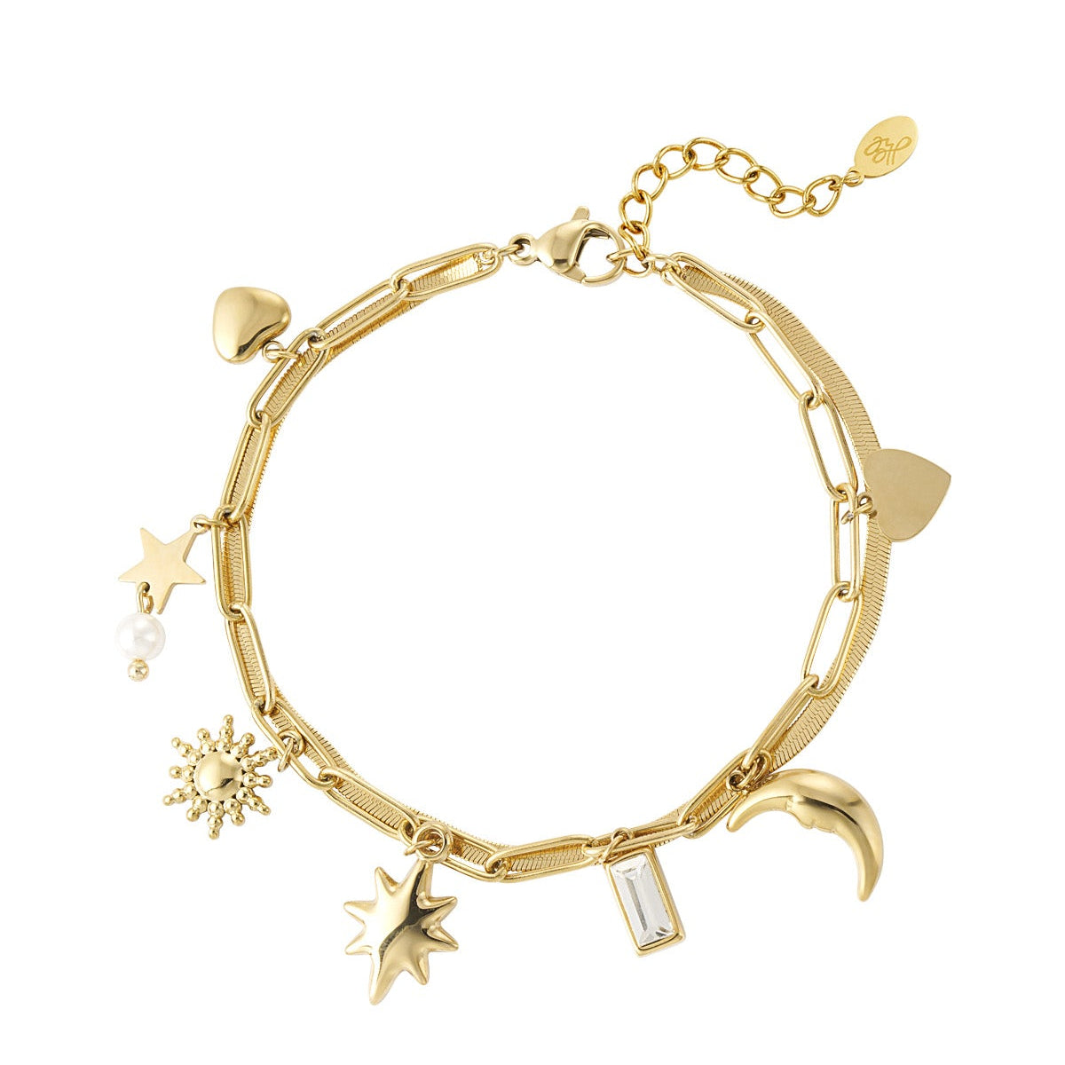 Pulsera de acero doble con dijes de sol y luna acabado oro