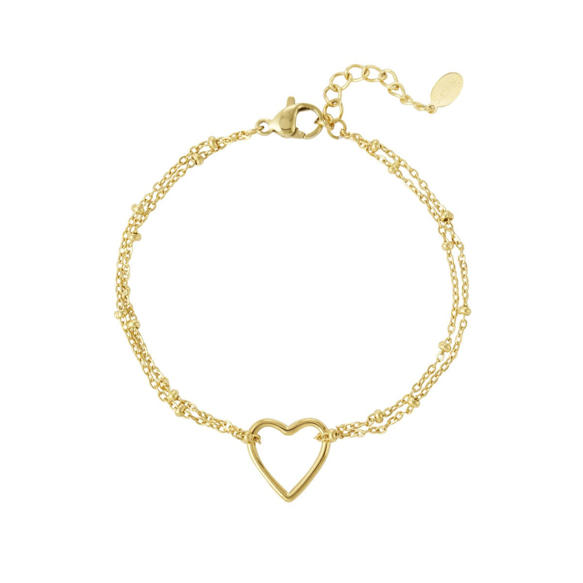 Pulsera de acero doble con bolitas y corazón liso acabado oro - mbyou