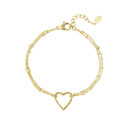 Pulsera de acero doble con bolitas y corazón liso acabado oro - mbyou