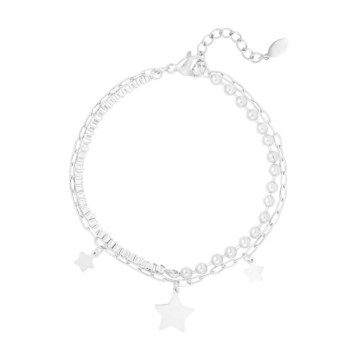 Pulsera acero doble bolitas y estrellas plata