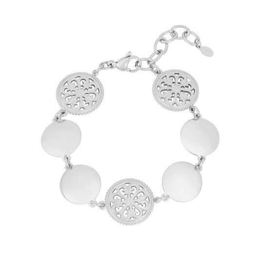 Pulsera de acero de piezas circulares lisas y filigranas acabo plata - mbyou