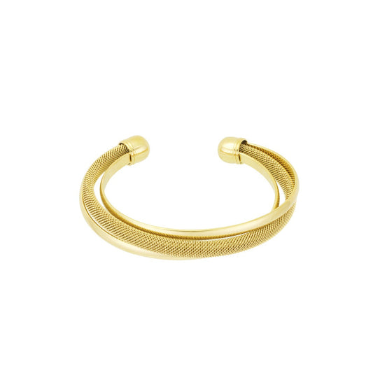Pulsera de acero inoxidable rígida con malla y detalles lisos acabado oro - mbyou