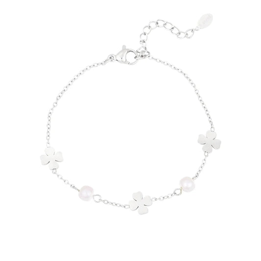 Pulsera de acero con tréboles y perlas en acabado plata - Moments by You