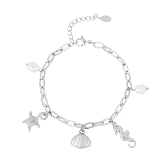 Pulsera acero de eslabones con dijes estrella marina, conchas y perlas acabado plata - mbyou