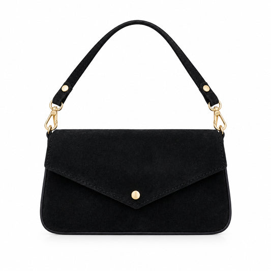 Bolso pequeño de piel 100% vacuno acabado ante con solapa y detalles dorados negro - Moments by You
