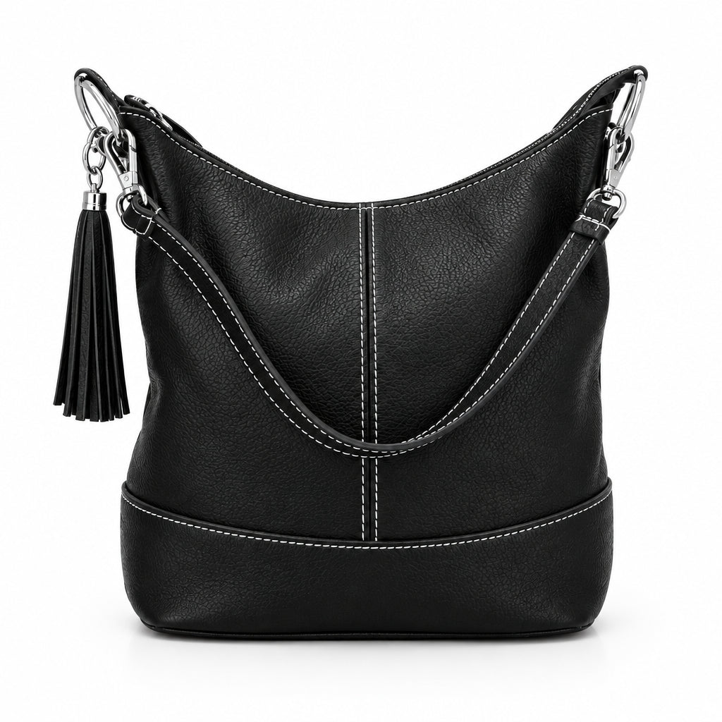 Bolso hobo mediano piel 100% auténtica con pespuntes blancos