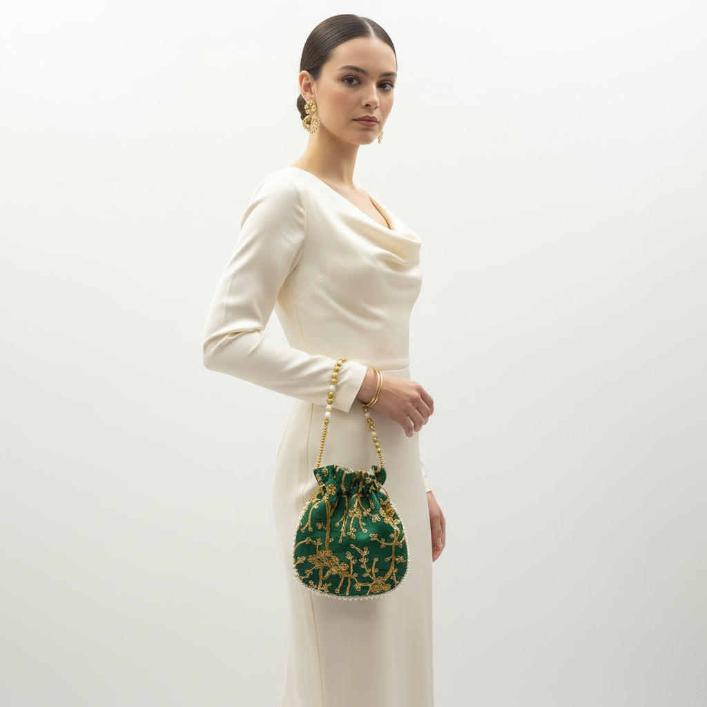 Bolso de fiesta limosnera verde con diseño de flores y asa de cuentas en acabado oro - Moments by You