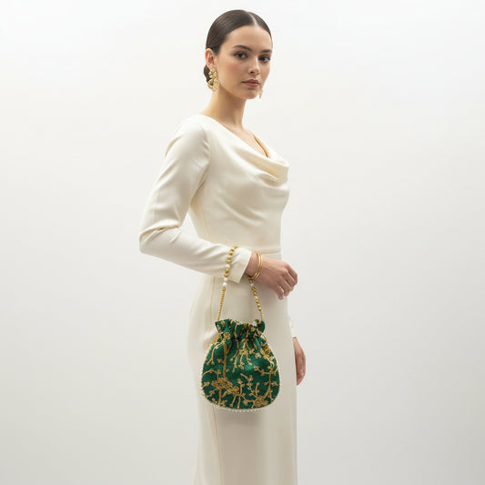 Bolso de fiesta limosnera verde con diseño de flores y asa de cuentas en acabado oro - Moments by You