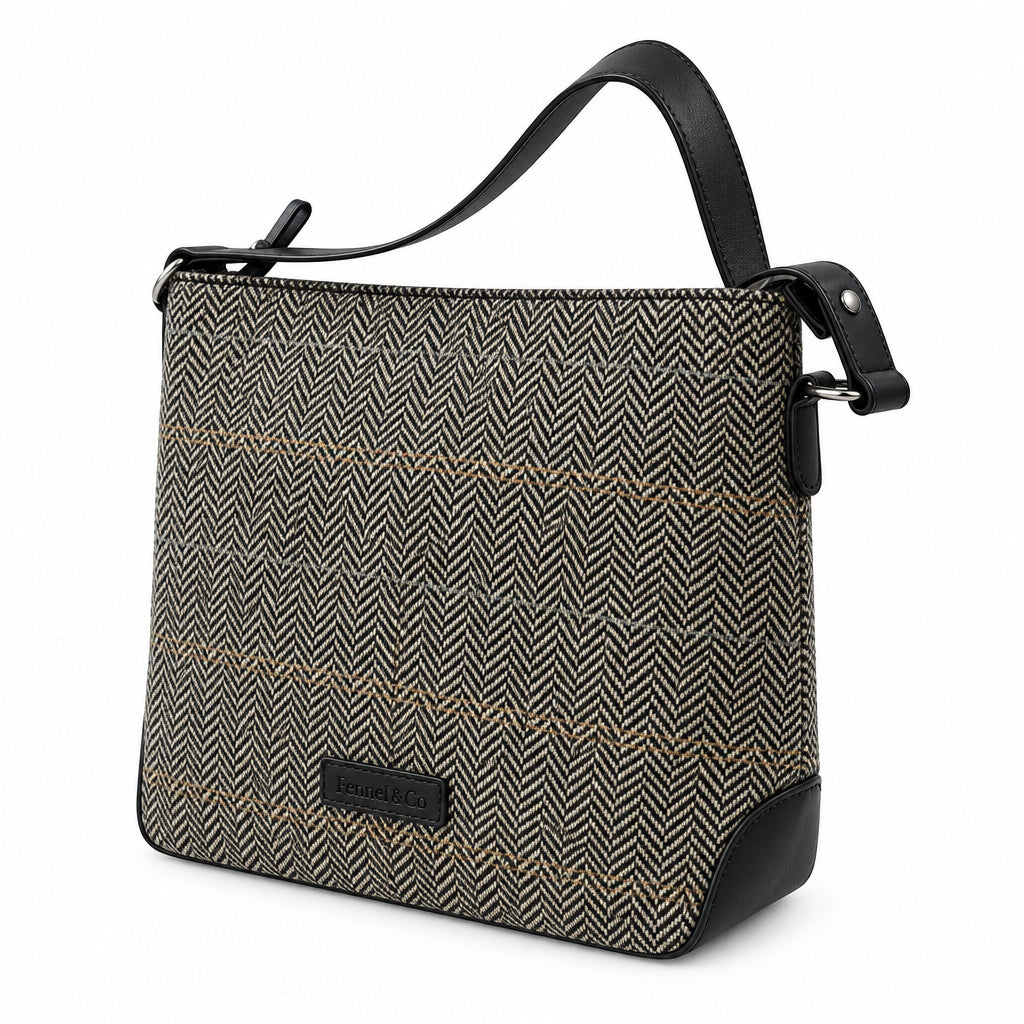 Bolso shopper tela tweed de espiga negra, gris y blanca