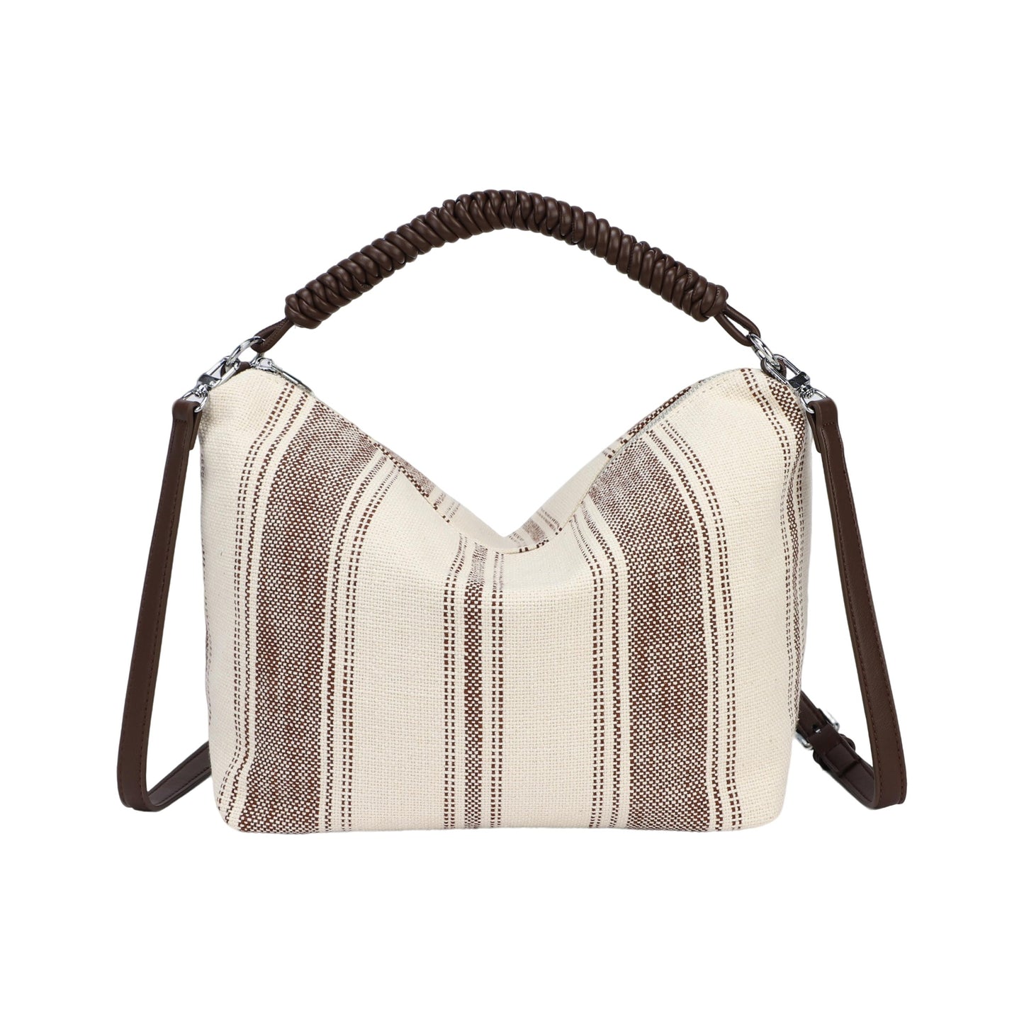 Bolso de mano y bandolera de tejido con rayas y asas chocolate - Moments by You