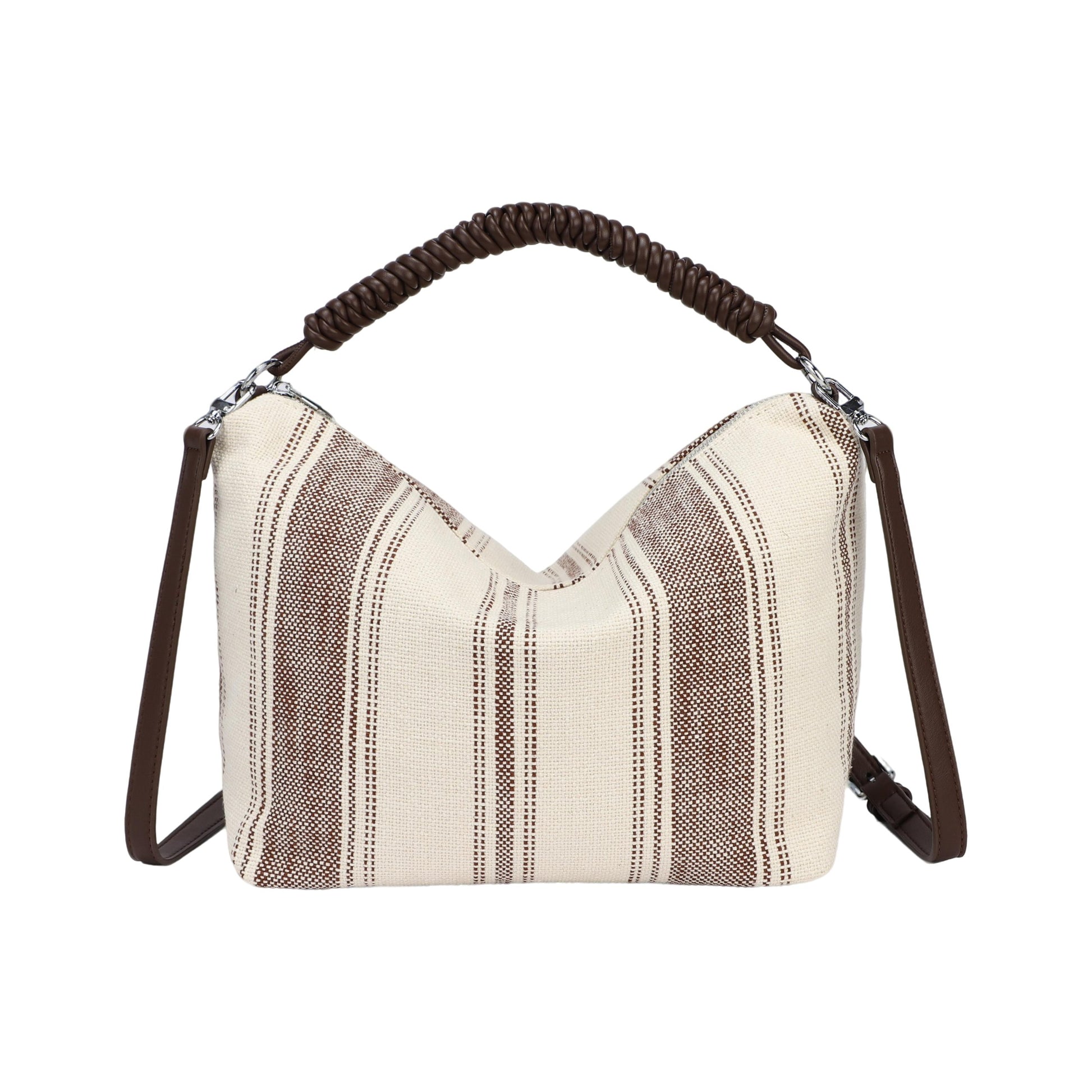 Bolso de mano y bandolera de tejido con rayas y asas chocolate - Moments by You