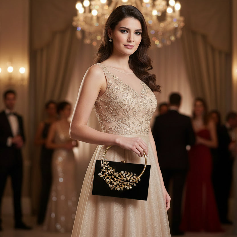 Bolso clutch de fiesta acrílico negro con diseño floral y perlas en acabado oro - Moments by You