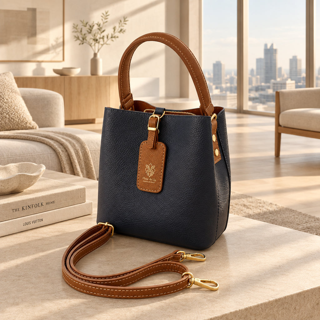Bolso bucket piel 100% auténtica en colores combinados