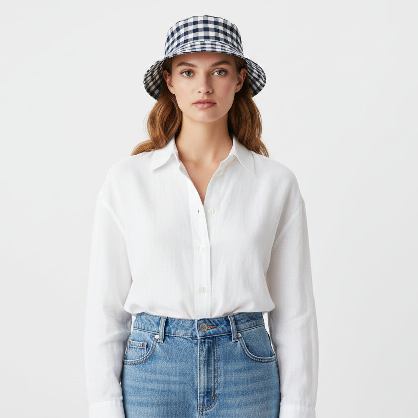 Sombrero tipo pescador de cuadros vichy reversible en beige - Moments by You