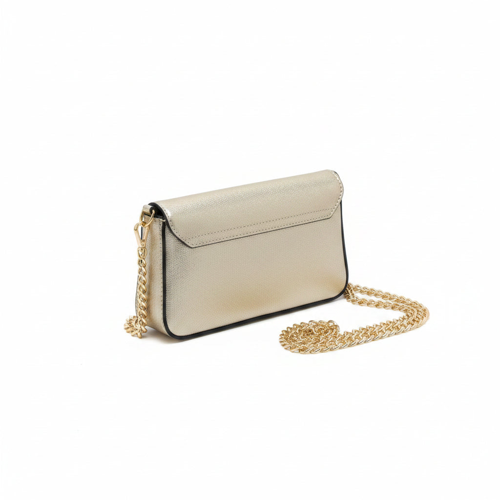 Bolso pequeño de piel 100% auténtica metalizada con solapa y detalles dorados