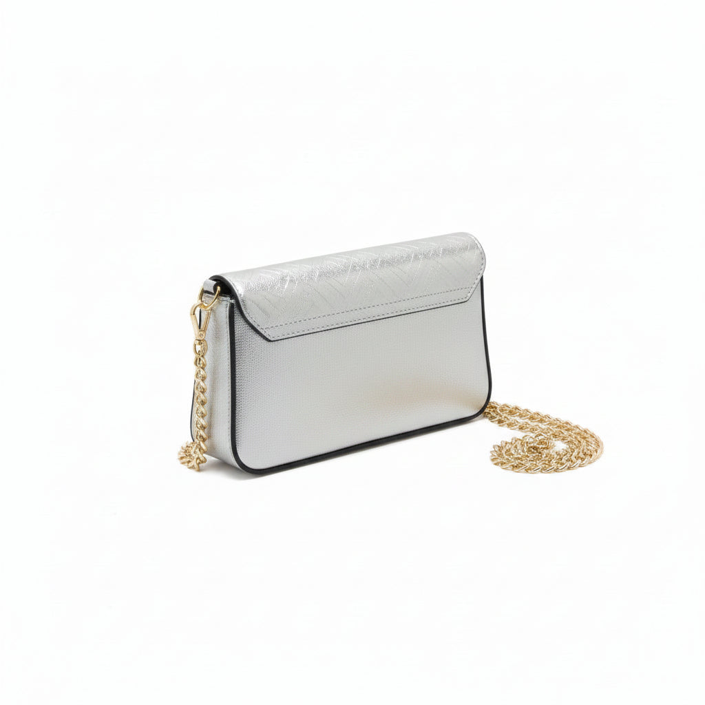 Bolso pequeño de piel 100% auténtica metalizada con solapa y detalles dorados