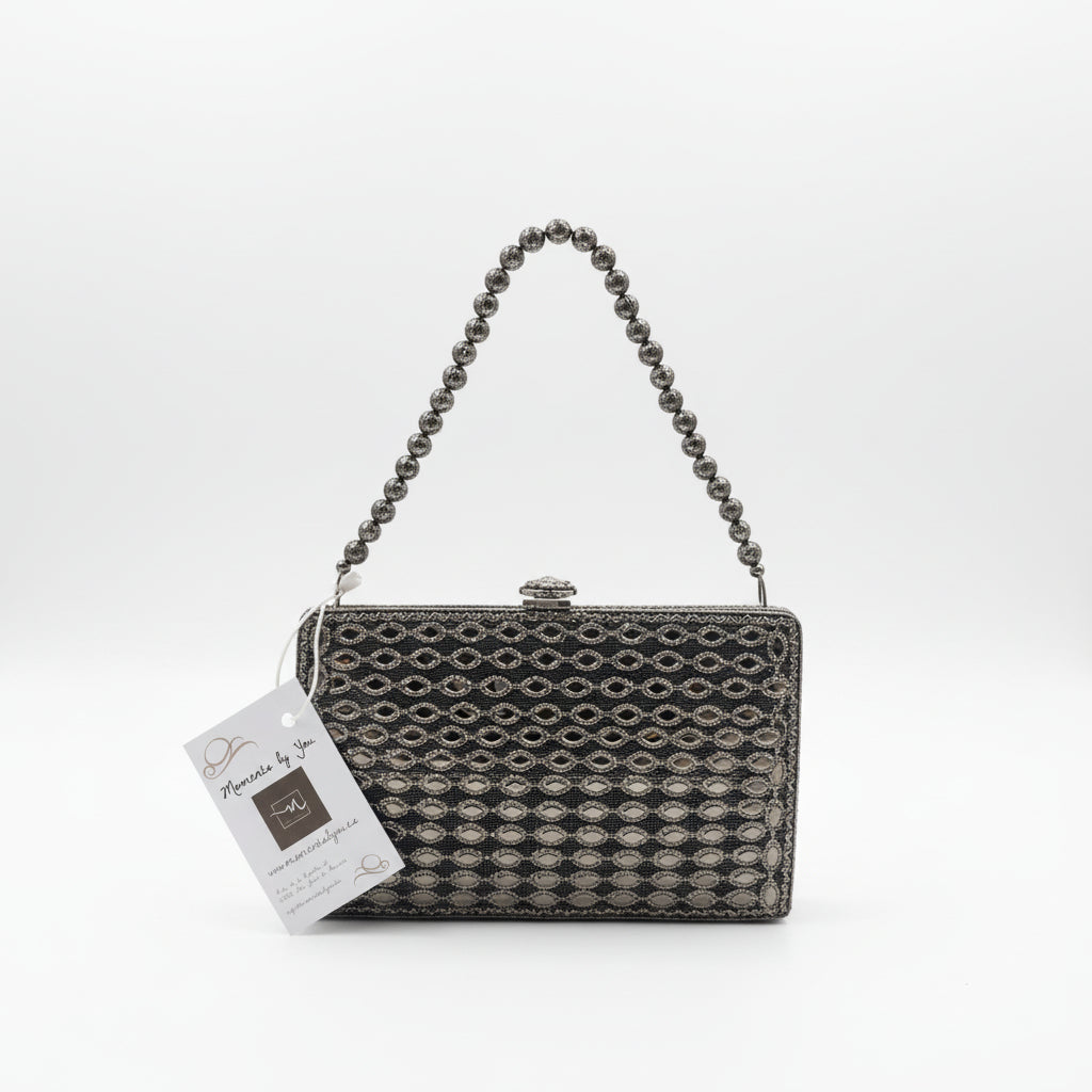 Bolso clutch de fiesta tipo joya con diseño floral de circonitas grisáceo - Moments by You