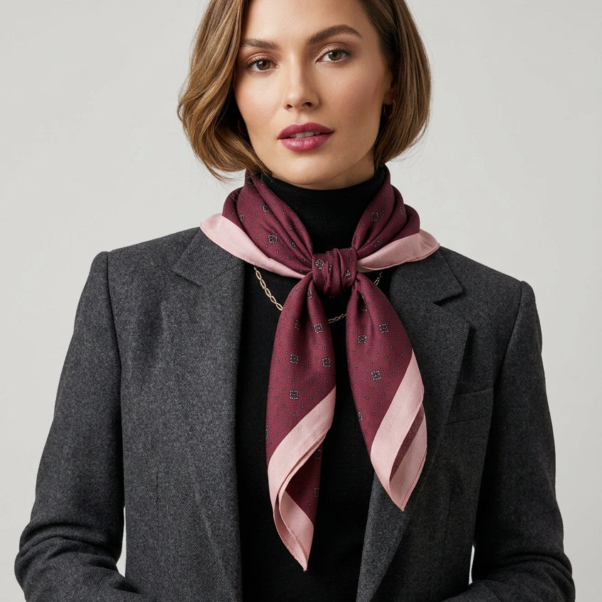Pañuelo de cuello con estampado geométrico clásico en rosa y color vino