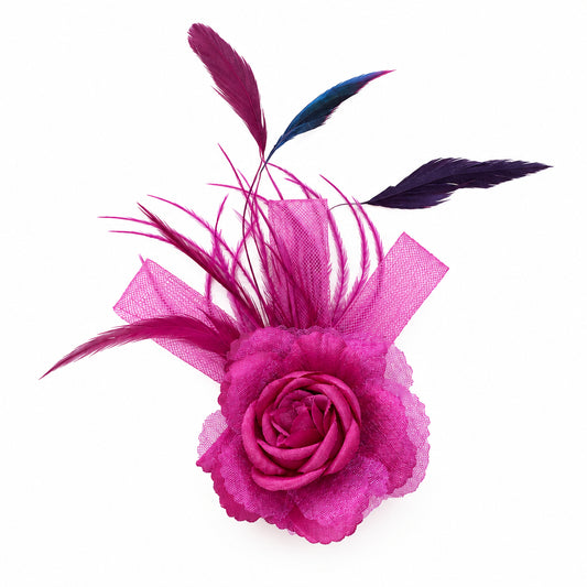 Tocados/broches en forma de rosa con plumas en color fucsia - Moments by You