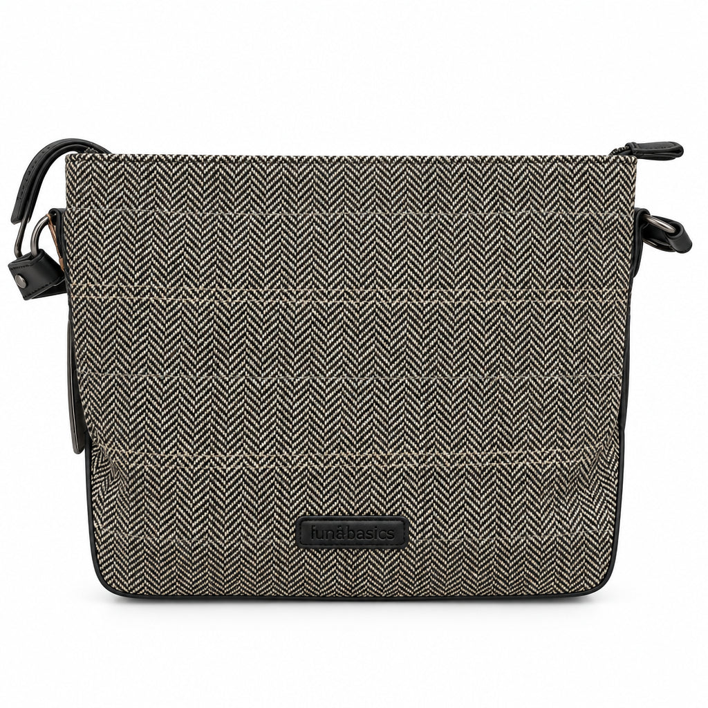 Bolso shopper tela tweed de espiga negra, gris y blanca