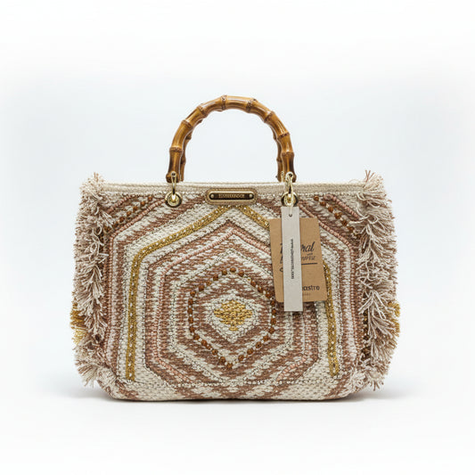 Bolso tipo shopper 100% fibra natural en tonos salmón y dorado asas efecto bambú y diseño de cuentas - Moments by You