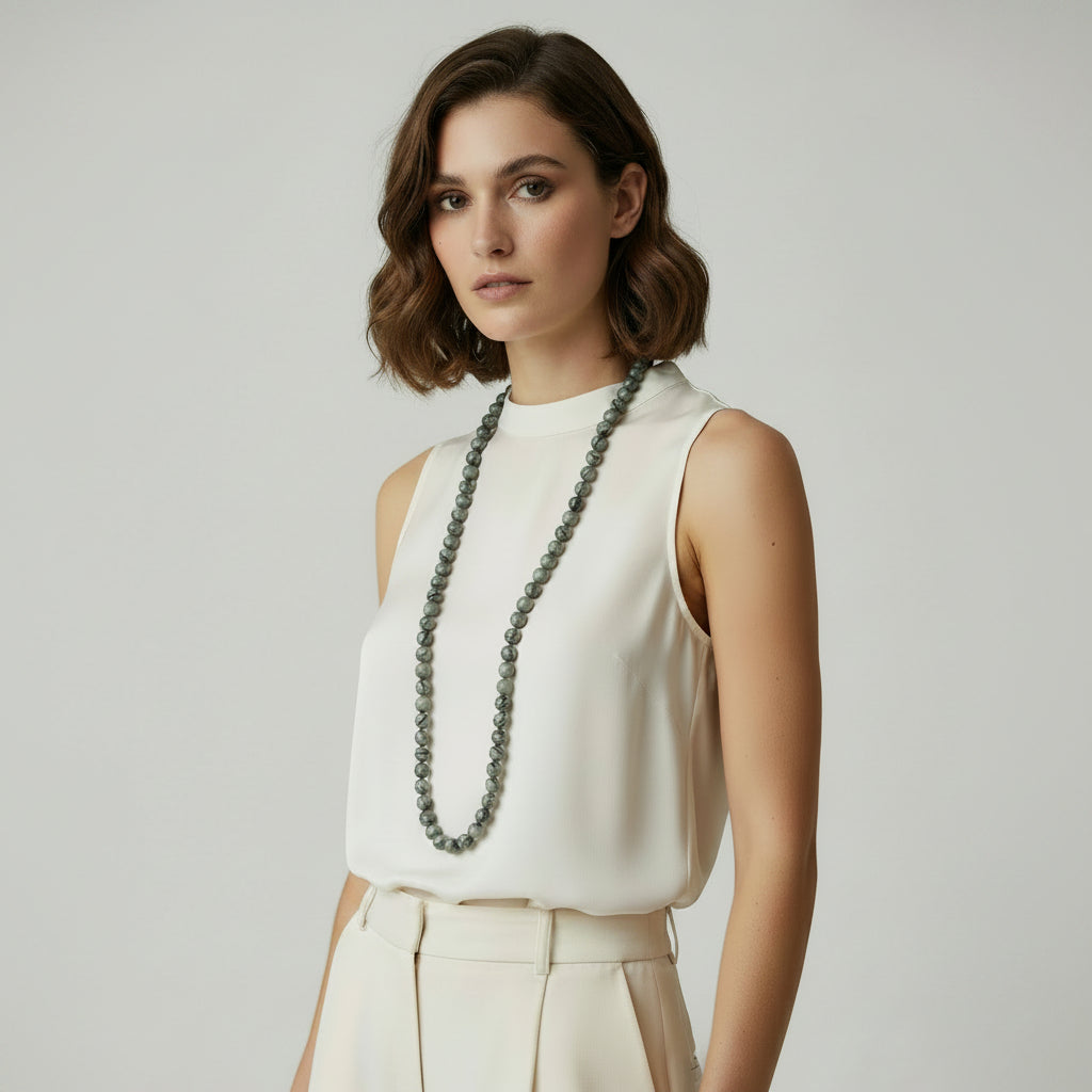 Collar largo de piedras esféricas con estampado marmolado en color verde azulado
