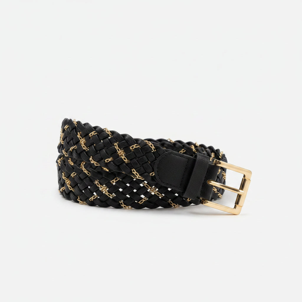 Cinturón con diseño trenzado en negro y cadena entrelazada en dorado - Moments by You