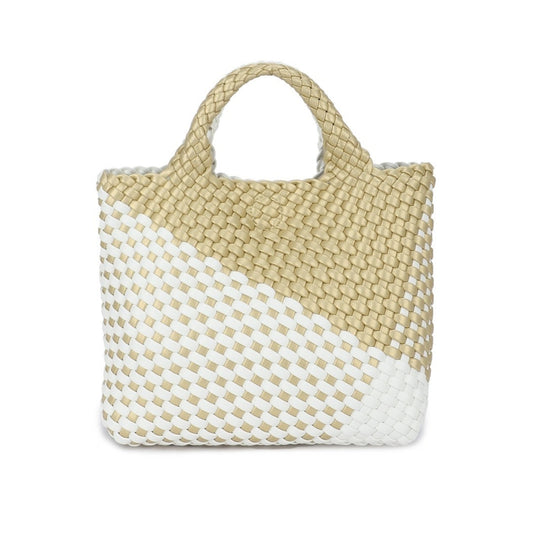 Bolso efecto piel trenzada color dorado y blanco mediano