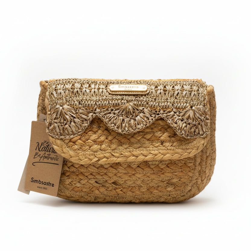 Bolso bandolera de yute natural y solapa con diseño de tela dorada - Moments by You
