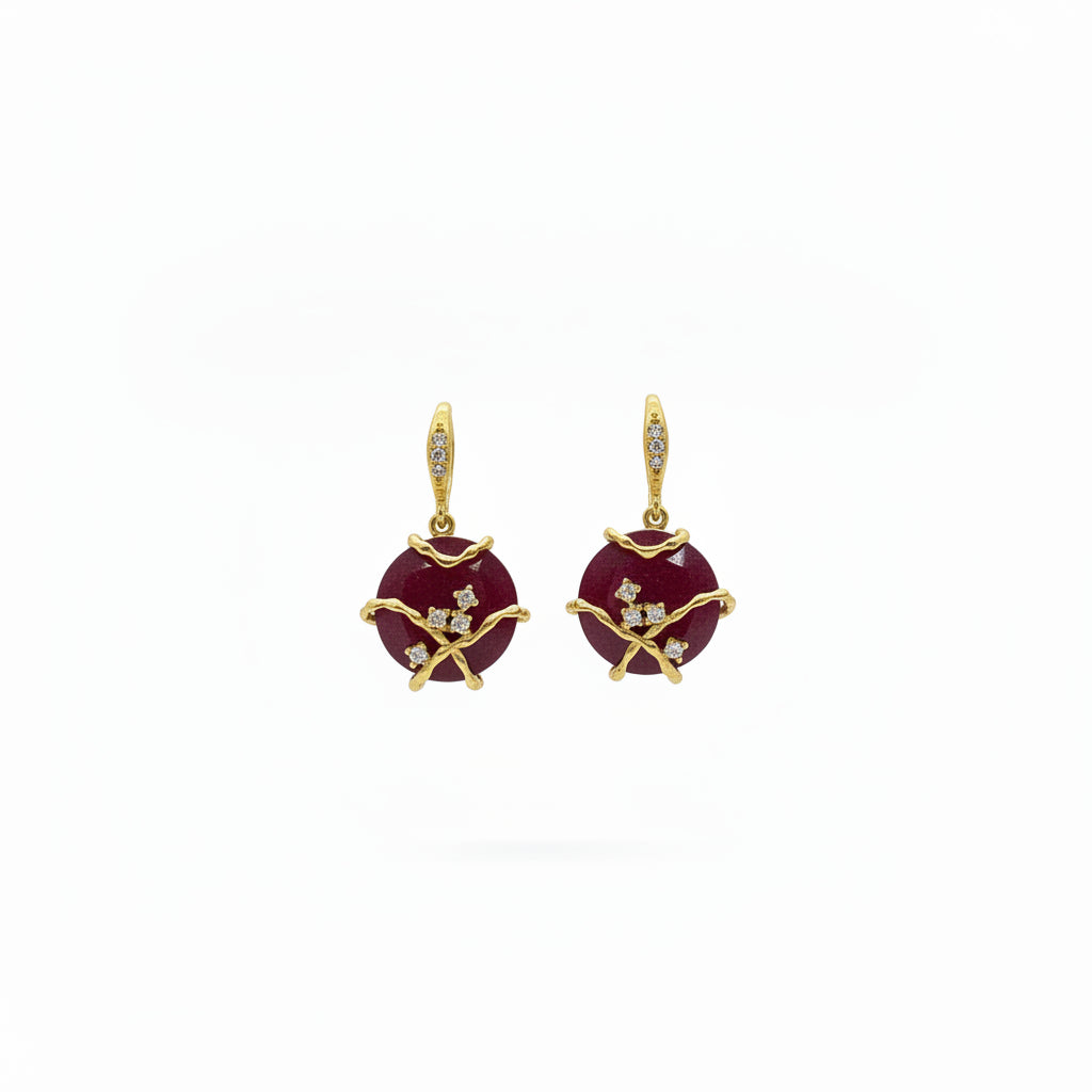 Pendientes de latón con circonitas y piedra natural redonda con diseño dorado