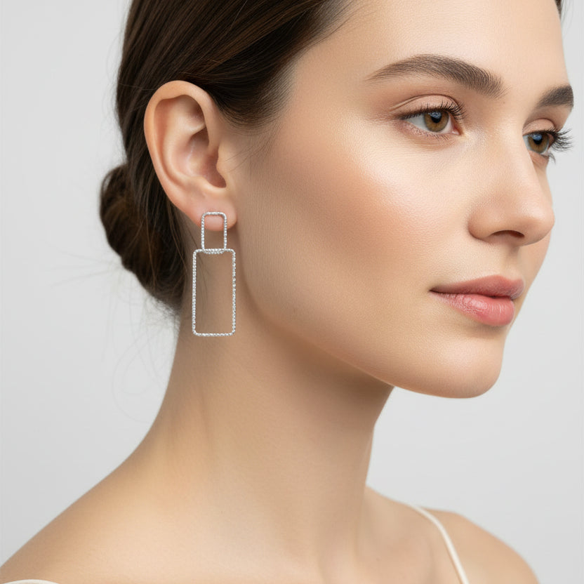 Pendientes largos con rectángulos en acabado plata
