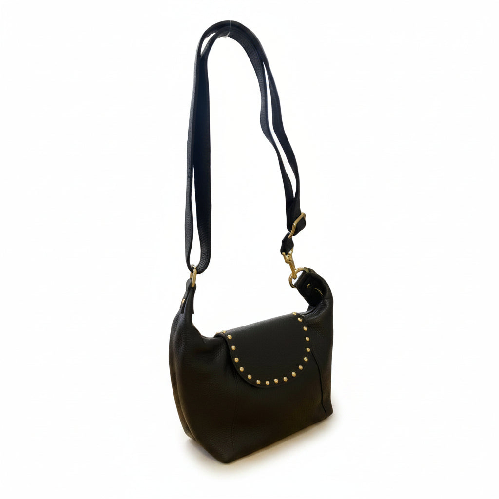 Bolso bandolera de piel 100% auténtica de solapa con tachuelas doradas en varios colores