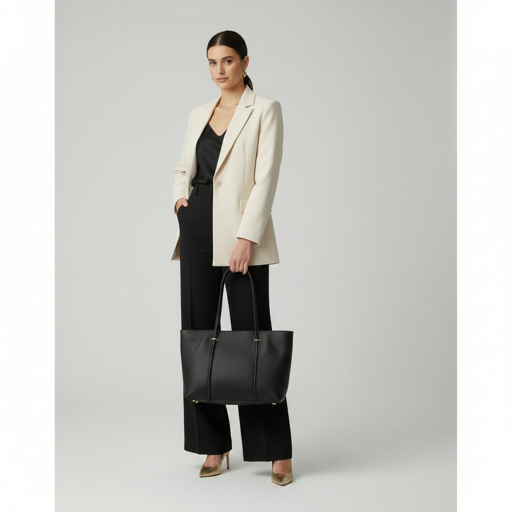 Bolso shopper piel 100% vacuno liso con asas largas y detalles dorados