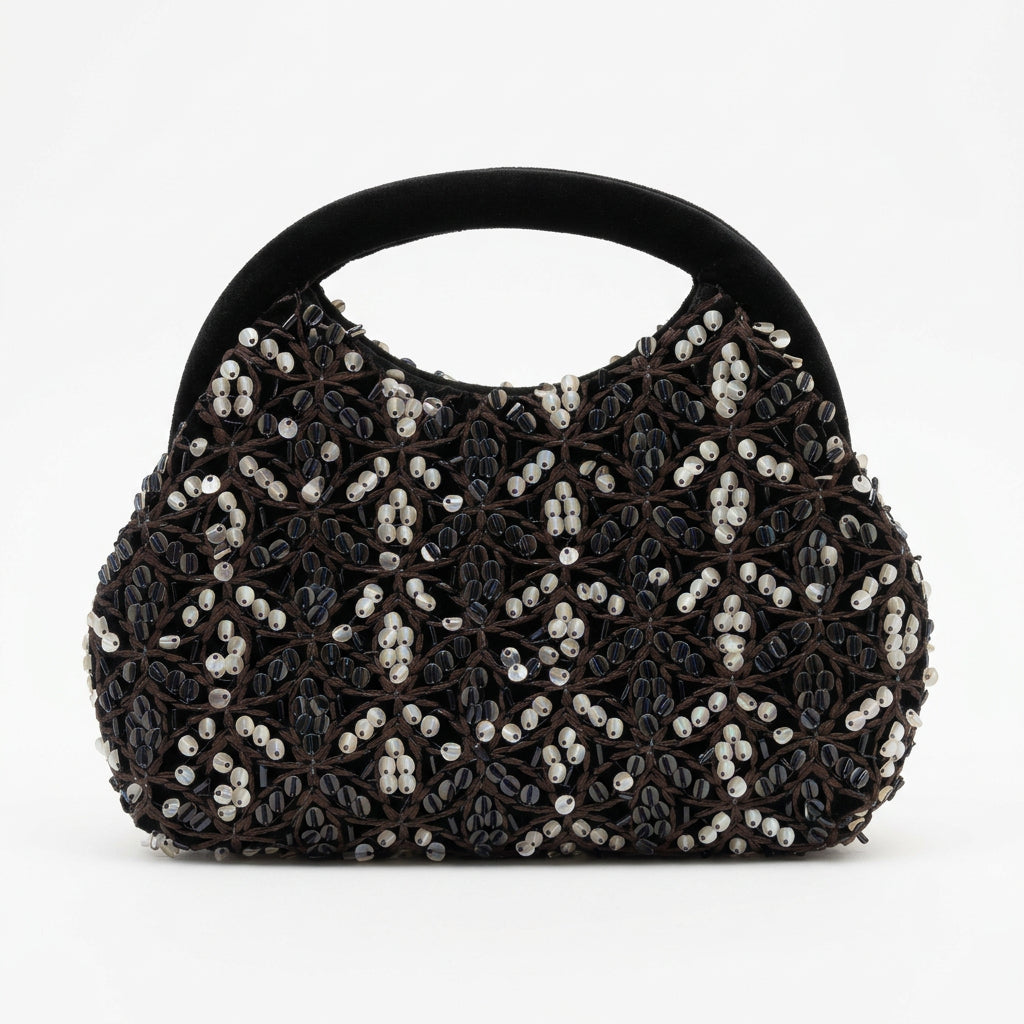 Bolso fiesta clutch ovalado de terciopelo con lentejuelas y patrón en negro