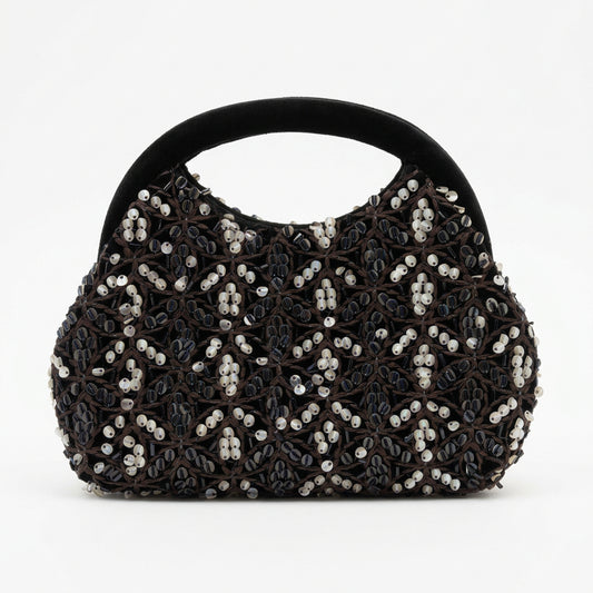 Bolso fiesta clutch ovalado de terciopelo con lentejuelas y patrón en negro
