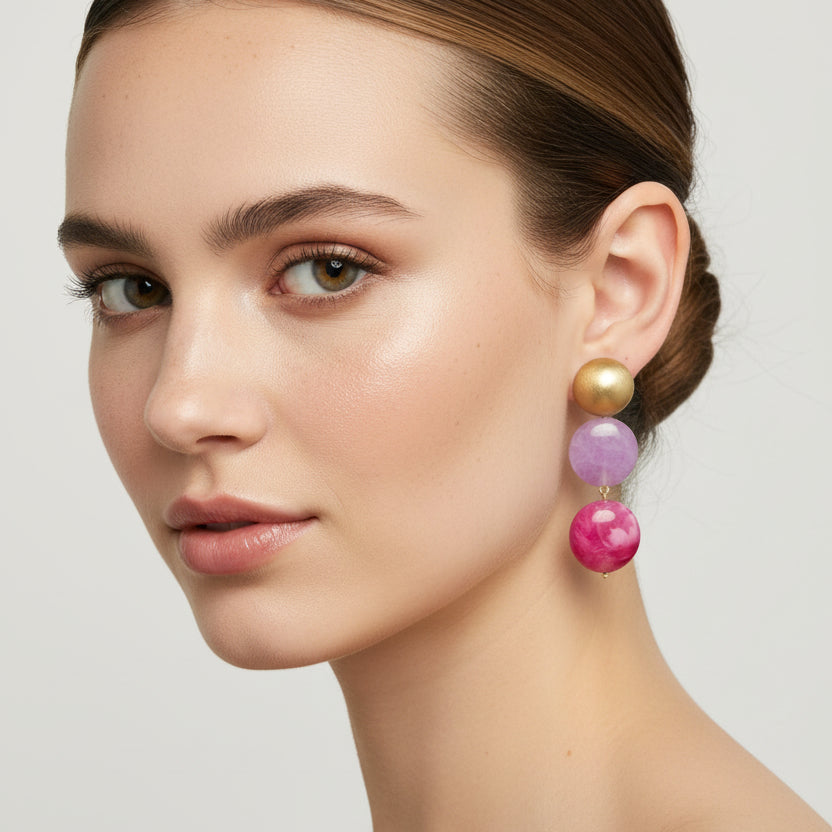 Pendientes largos tres alturas forma circular acabado marmolado con varios colores