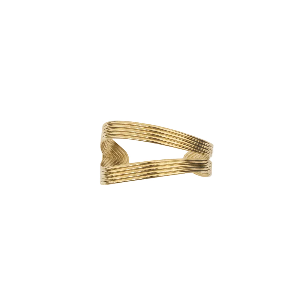 Brazalete abierto de acero con un diseño a tiras ovaladas en varios acabados