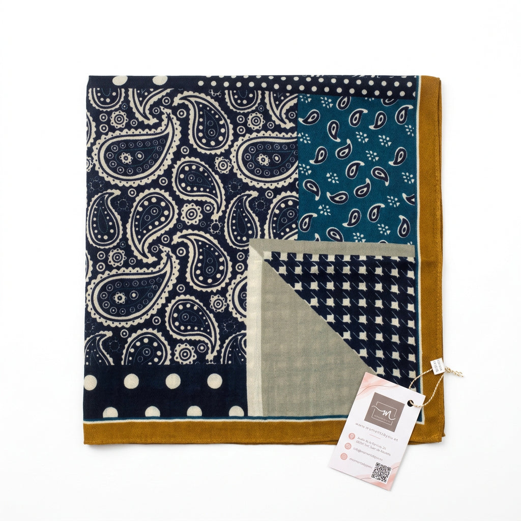 Pañuelo cuello combinación de pata de gallo con paisley en azul y mostaza