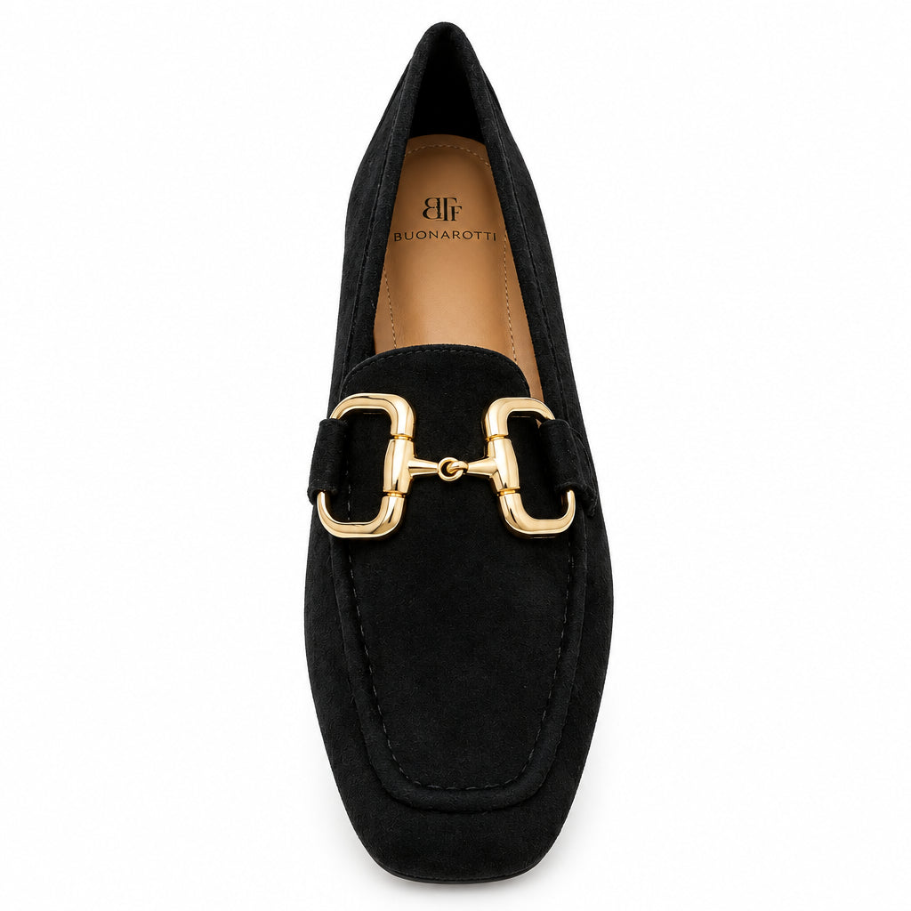 Mocasines de tacón terciopelo negro con hebilla dorada
