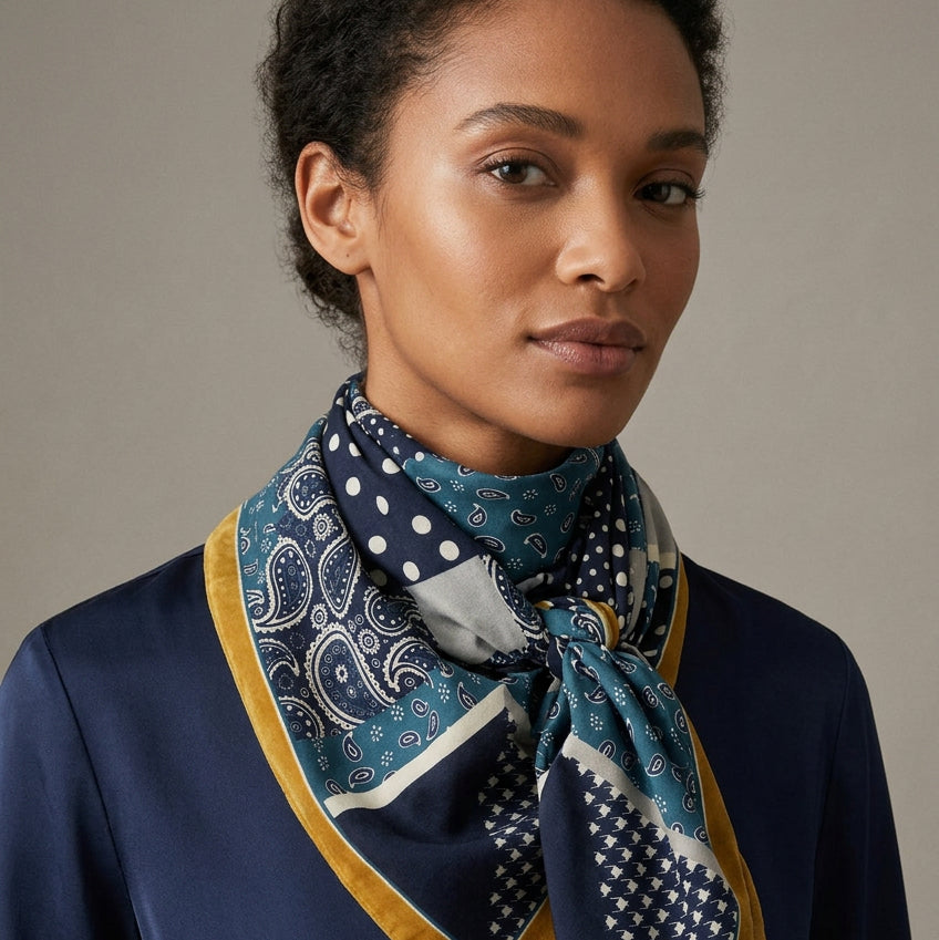 Pañuelo cuello combinación de pata de gallo con paisley en azul y mostaza