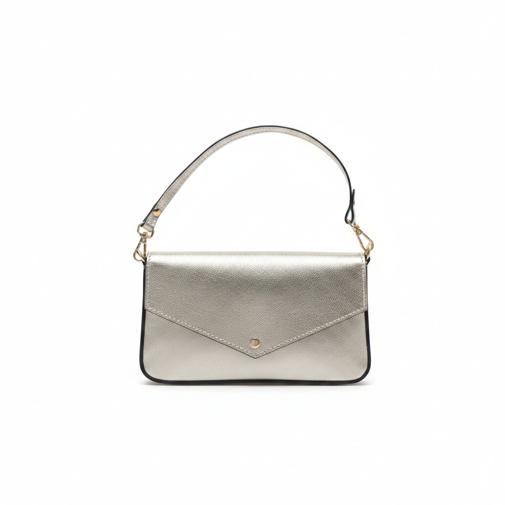 Bolso pequeño de piel 100% auténtica metalizada con solapa y detalles dorados