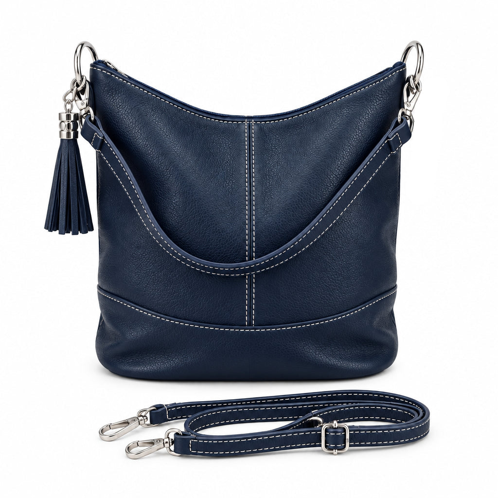 Bolso hobo mediano piel 100% auténtica con pespuntes blancos