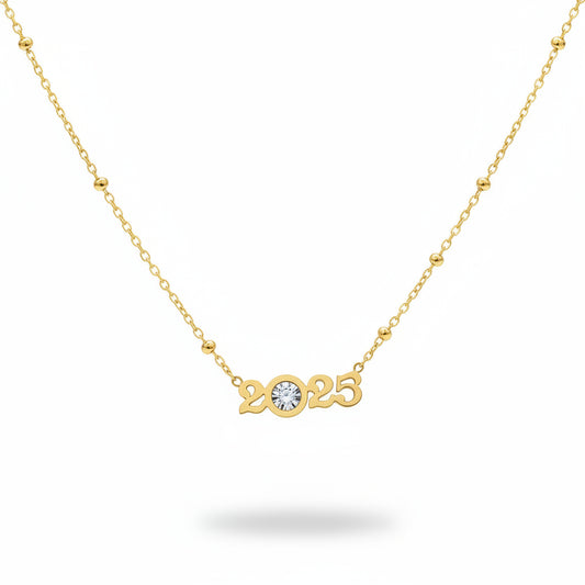 Collares acero inoxidable con dije del 2025 con cadena de esferas y circonita en acabado oro - Moments by You